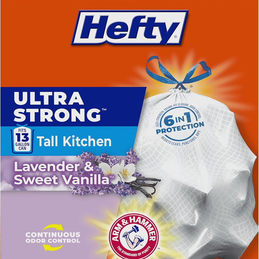Ultra Strong 13 Gallon Trash Bags, Tall Kitchen, Drawstring Closure, Odor Control, White, Lavender, Sweet Vanilla, 80 Count