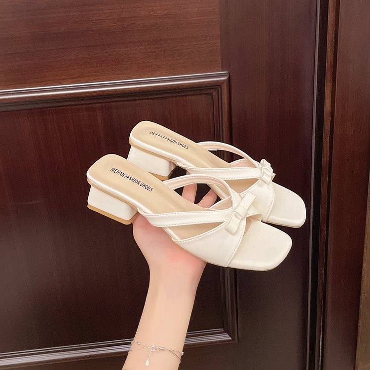 New Summer French Style Bow Square Toe Block Heel One Strap Sandals, Outdoor Women High Heels
