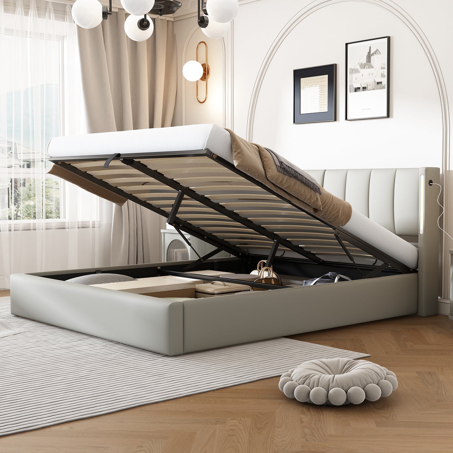 Binaural LED Upholstered Bed 180 X 200 Cm, Hydraulic Bed, Rechargeable USB Port In Bed, With LED Lighting, With Storage, Adjustable Headboard, PU, Grey