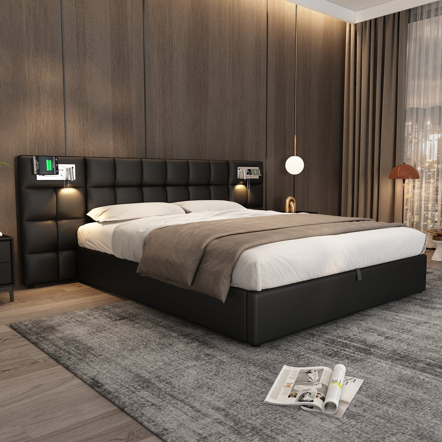 Upholstered Bed 180 X 200 Cm, Hydraulic Bed, With USB Port & Wireless Charging & Illuminated Lamp, With Storage Space, For Adults & Teenagers, Wooden Slatted Support, Easy Assembly, PU, Black