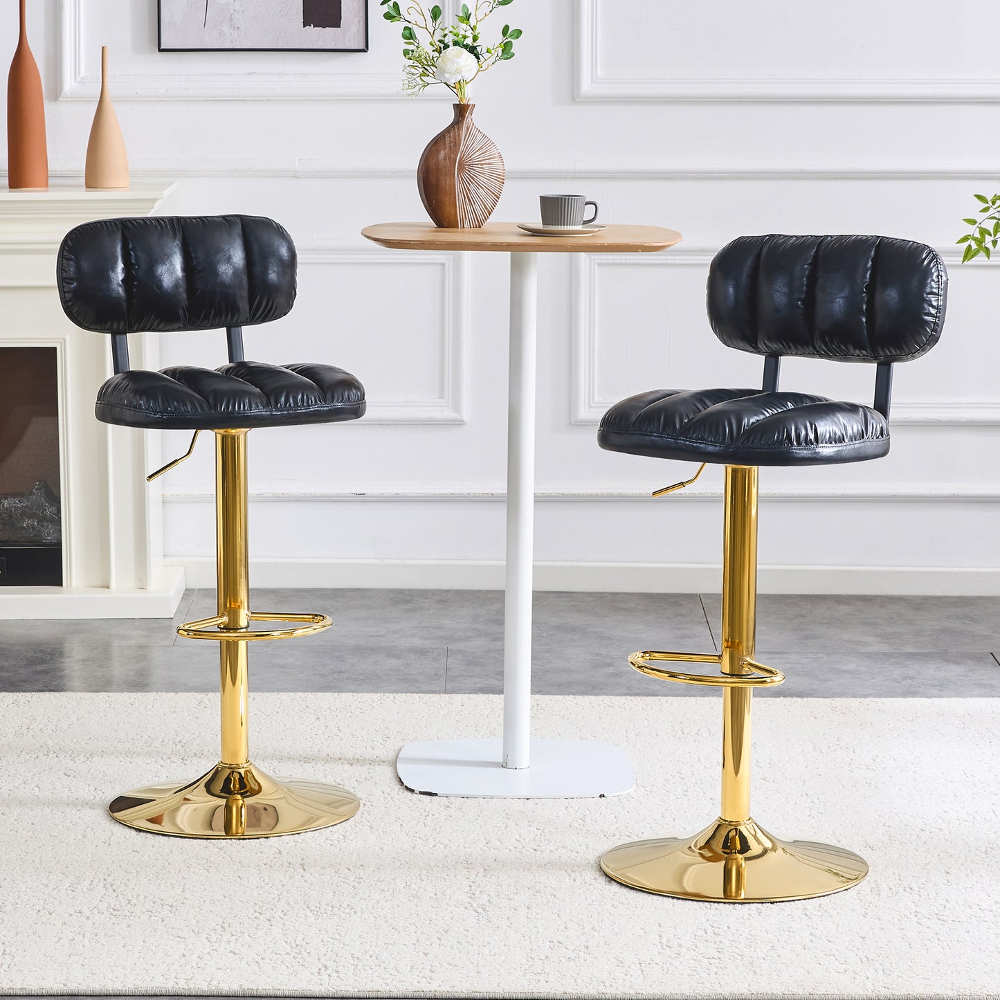 Set Of 2 Modern Bar Stools With Adjustable Height, Black PU Leather Upholstered Stools With Gold Metal Base & Footrest For Kitchen Island, Home Bar, Game Room