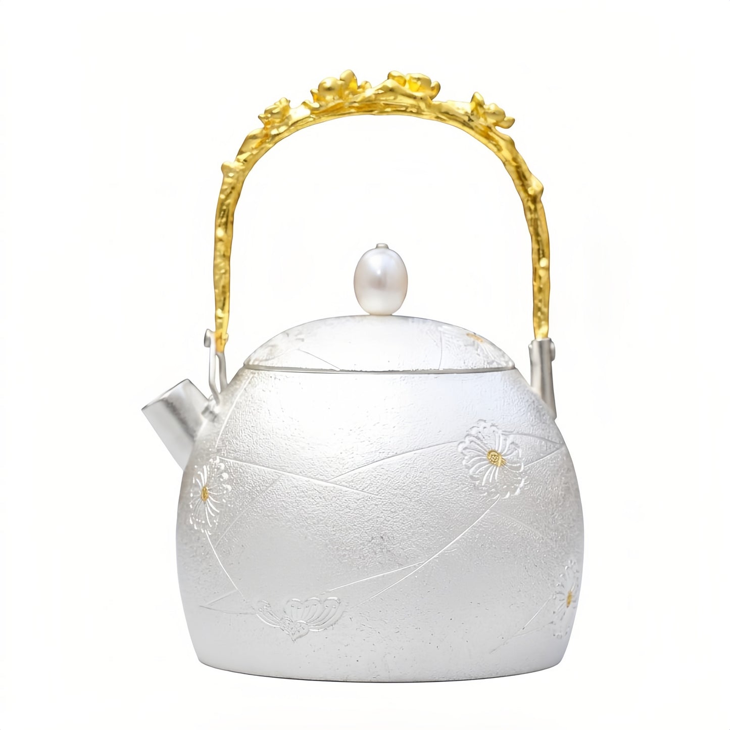925 Sterling Silver Handcrafted Silver Tea Kettle with Ornate Floral Handle and Pearl Finial - Handicraft