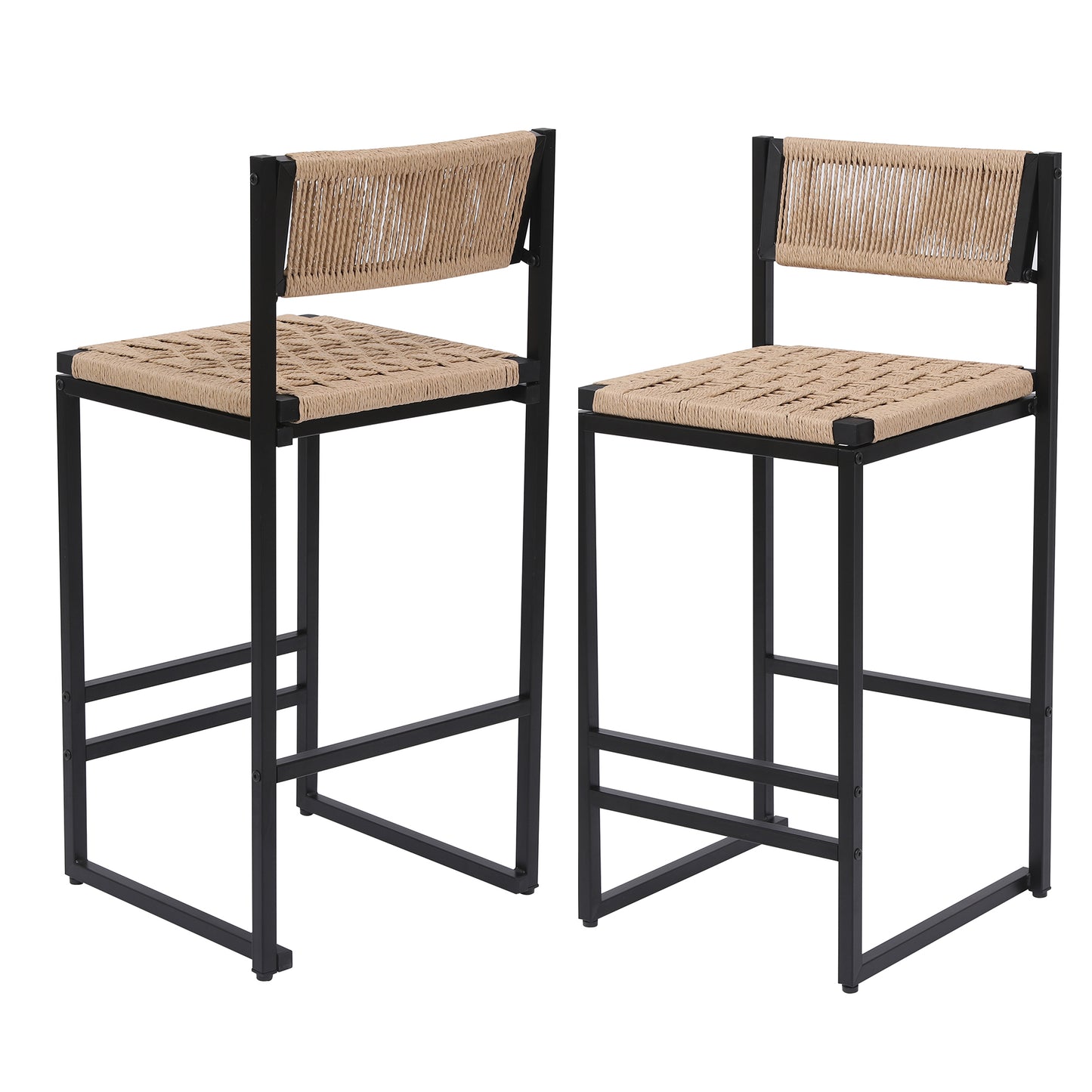 Kitchen Bar Stools With Footrest Set Of 2 Paper Rope Weave Dining Chairs Counter Height Barstool  Style B Black & Honey