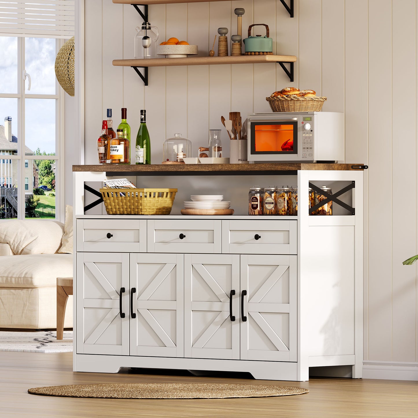 Buffet Sideboard 140cm With Storage Space, Coffee Bar With 3 Drawers, Console In Country Style With Doors, Cabinets With Shelves, Suitable For Kitchen, Living Room, Hallway, Rustic Style White Brown