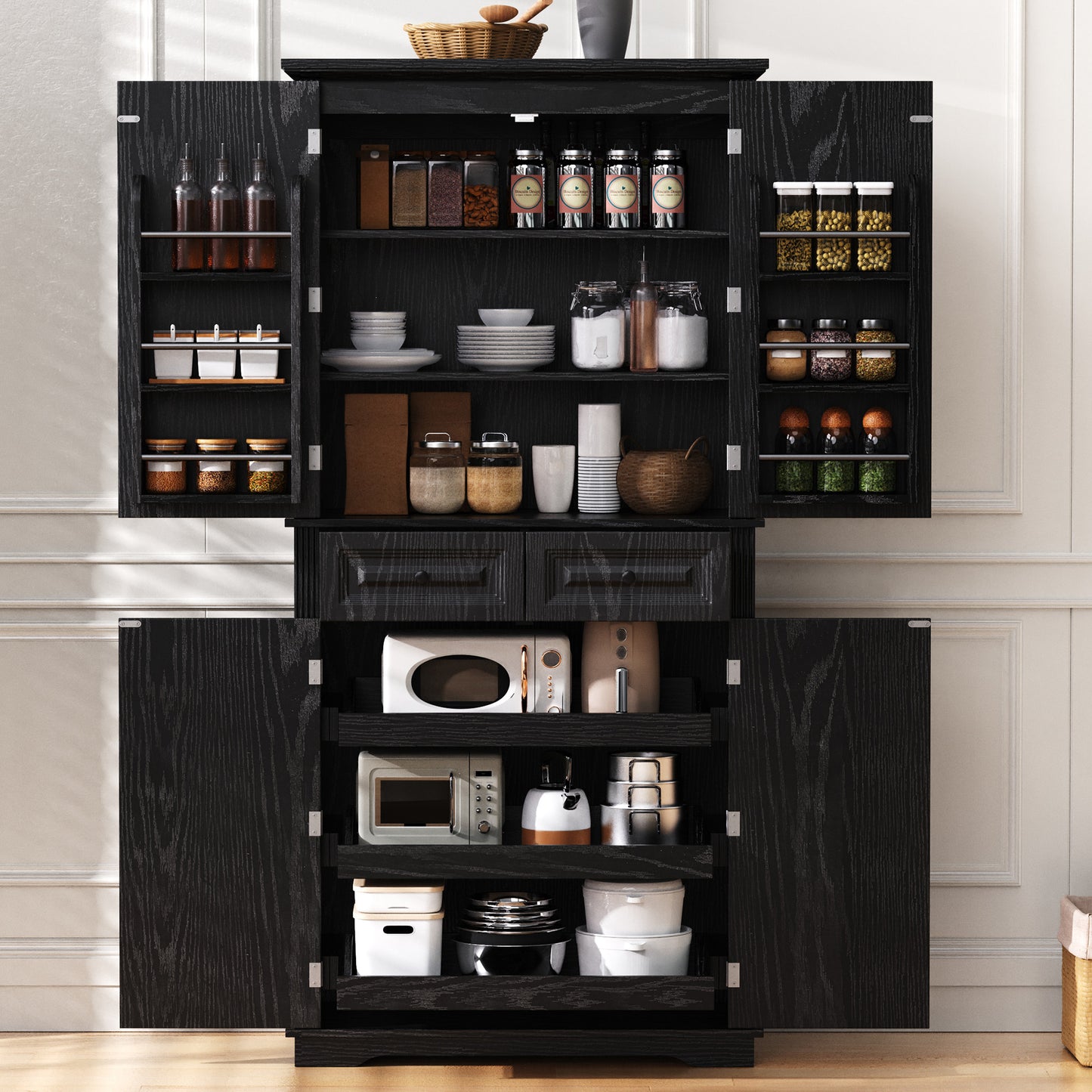 K&K 71   Tall Kitchen Pantry Cabinet With 3 Pull Out Cabinet Organizers, Farmhouse Embossed Texture Storage Cabinet With 6 Door Shelves, 2 Drawers, Freestanding Cupboard For Kitchen, Dining Room Black
