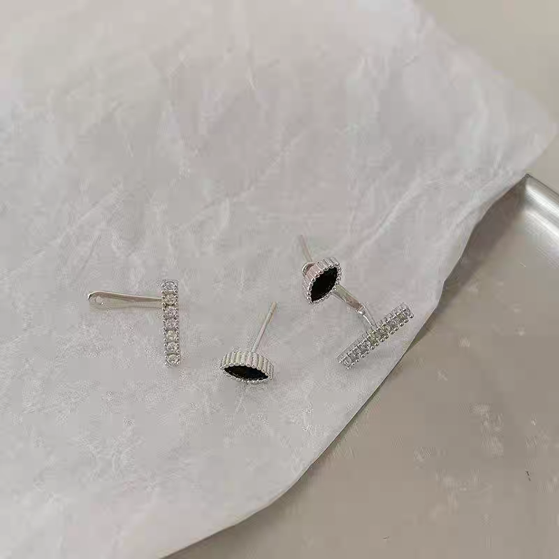 1 Pair 999 Sterling Silver Marquise Black Zircon Convertible Stud Earrings, Minimalist & Elegant, Perfect For Daily, Dating & Business, Ideal Valentine's Gift