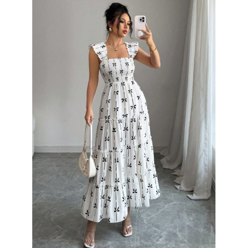 Korean-chic Summer Dress Soft Youthful Square Neckline With A Bow Tie Cinched Waist For A Slimming Effect