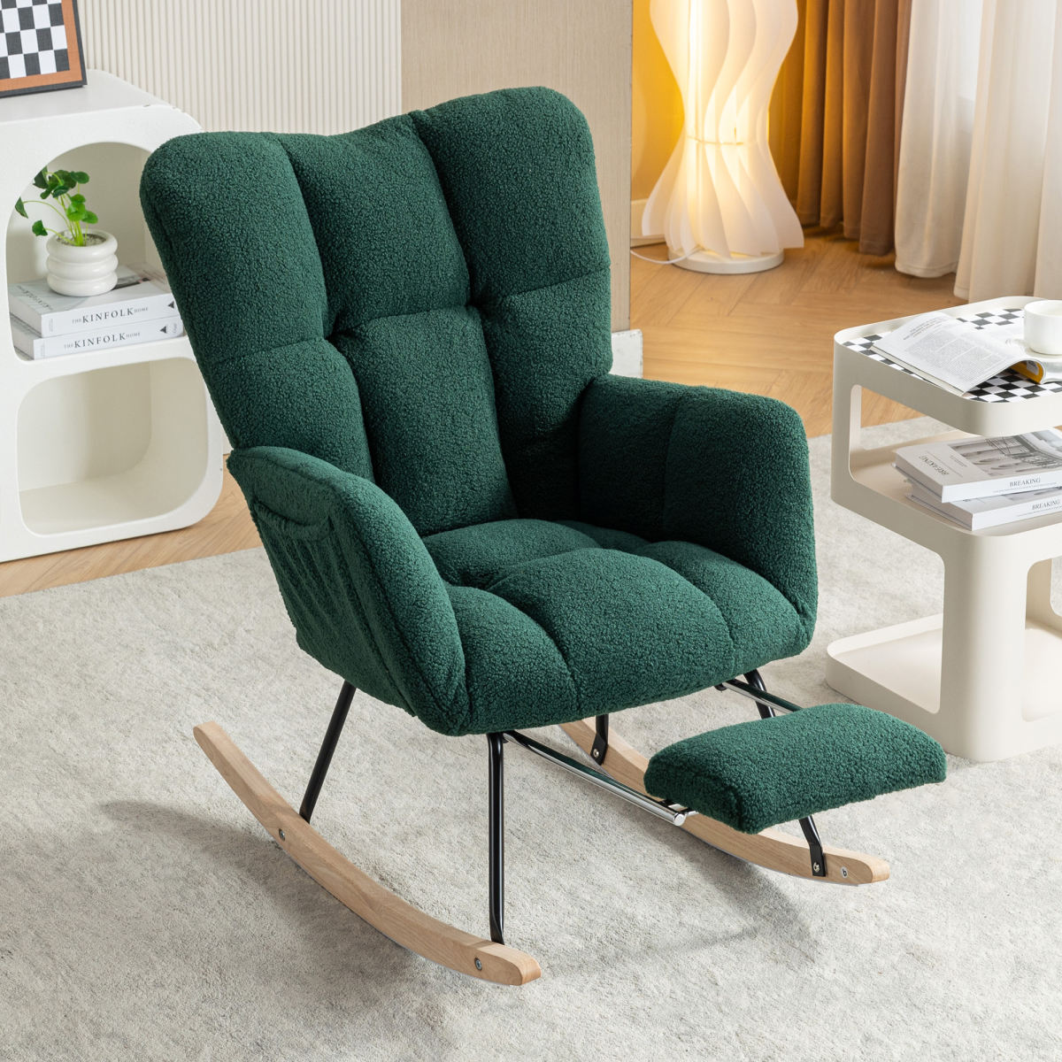 067-Teddy Fabric Leisure Rocking Chair With Adjustable Footstool,Nursery Rocking Chair, High Backrest, Storage Pocket On The Right Side,The Base Rocker Is Solid Wood And Metal,Green