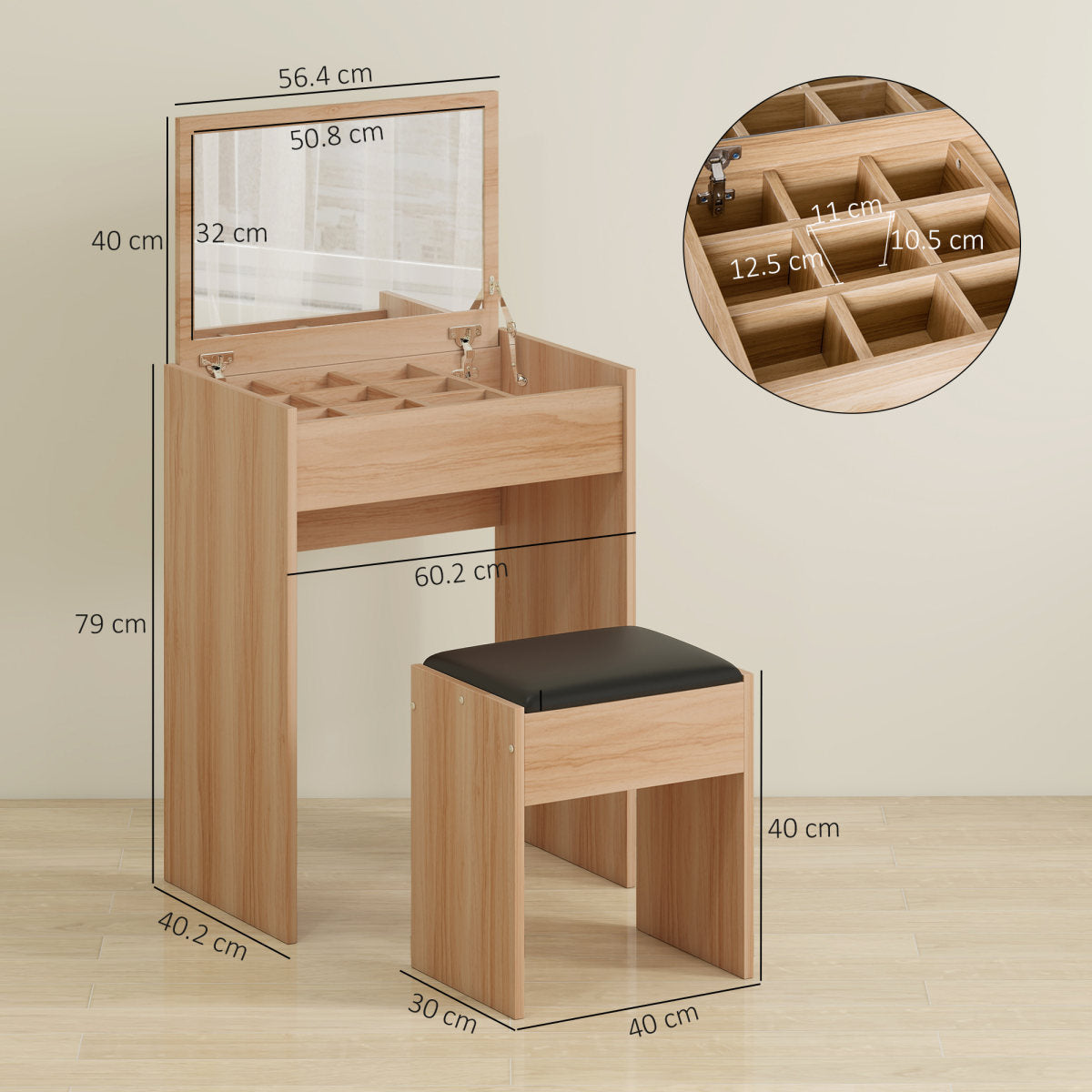 Dressing Table With Mirror And Stool, Vanity Makeup Table With Flip Up Mirror, Vanity Desk With Storage Unit And Padded Seat, Wood