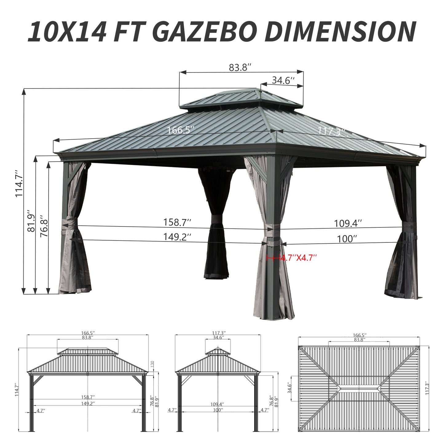 10   X 14   Hardtop Gazebo Permanent Outdoor Gazebo With Galvanized Steel Double Roof, Aluminum Frame, Curtains And Netting For Patio Lawn And Garden, Gray