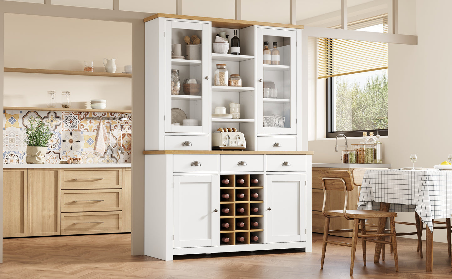 Kitchen Pantry Cabinet With Wine Rack, 185cm Tall Storage Cabinet With Glass Doors, 5 Drawers & Adjustable Shelves, White