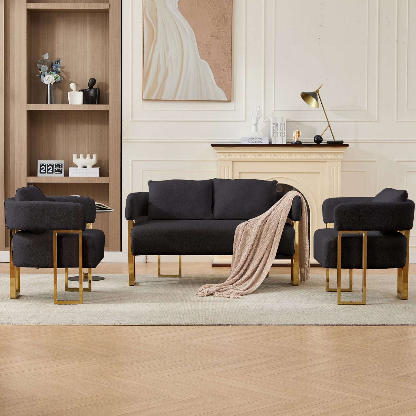 TS Modern Decorative Chair, Living Room Side Chair With Gold Metal Legs, No Wheels, Suitable For Dressing Area, Reception Room, Office,Teddy Fleece Upholstered Metal Foot Sofas Black