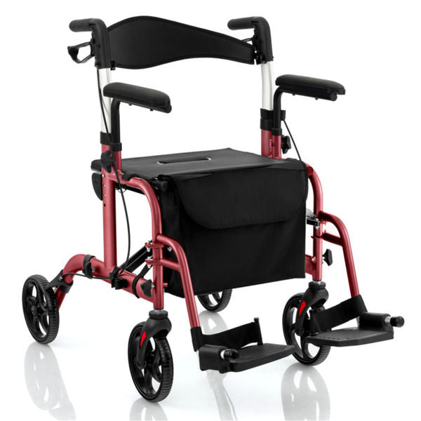 2-in-1 Rollator Walker & Wheelchair 300lbs 6-Level Adjustable Handles, 1-Hand Folding, Storage Bag Cane Holder For Elderly-Red
