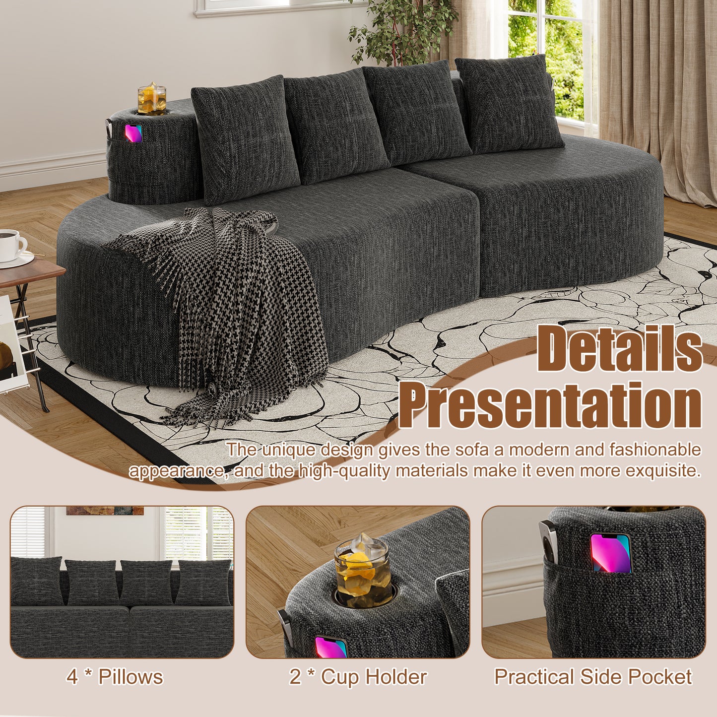 Modern Curved Sectional 3 Seat Minimalist Elegant Half Moon Sofa Compressed Modular Sectional Sofa For Living Room, Office, Apartment