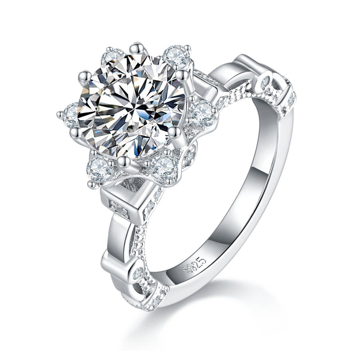 S925 Sterling Silver 2ct Moissanite Ring, 8mm D-VVS1 Star Halo Split Shank, Platinum Plated US Sizes 5-9, GRA Certificate Gift Box