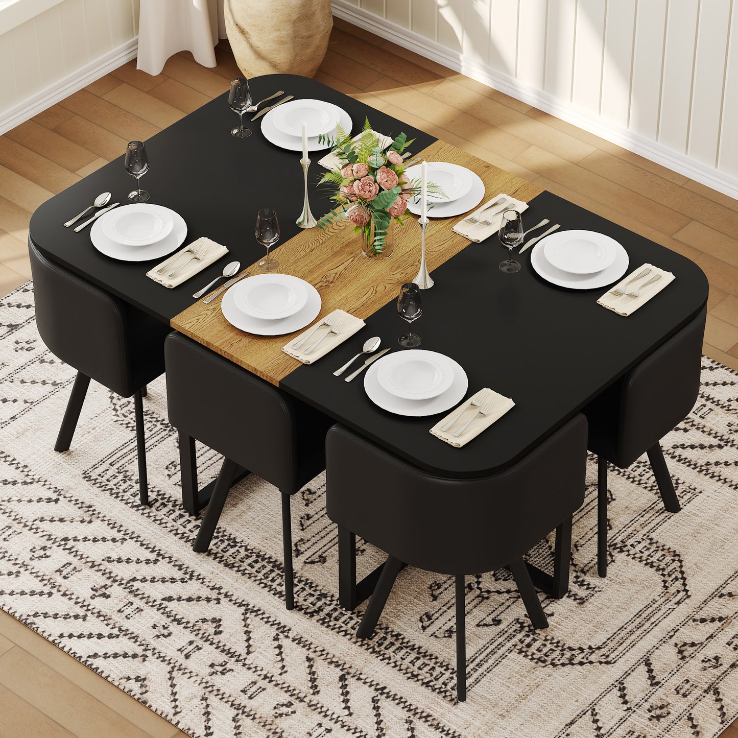 7 Piece Dining Table Set With 6 Black PU Chairs, Two-Tone Black & Wood Grain Rectangular Kitchen Table  Triamine Board , Modern Dining Room Furniture Set For Small Space, Apartment, Restaurant