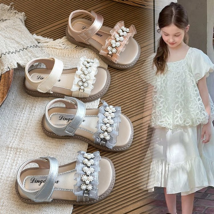 2025 Summer New Arrival Girls' Fashion Rhinestone Princess Shoes, Korean Style Kids' One-Strap Open-Toe Sandals, Cute Beach Shoes For Little Girls