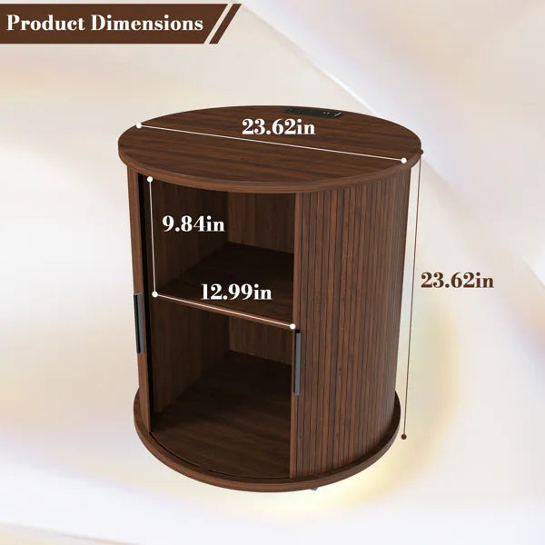 Mid Century Modern Cylinder End Table With Built-in Charging Station & Sliding Door, 2-Tier Storage Round Nightstand With USB Ports, Walnut Bedside Table For Living Room, Bedroom, Entryway