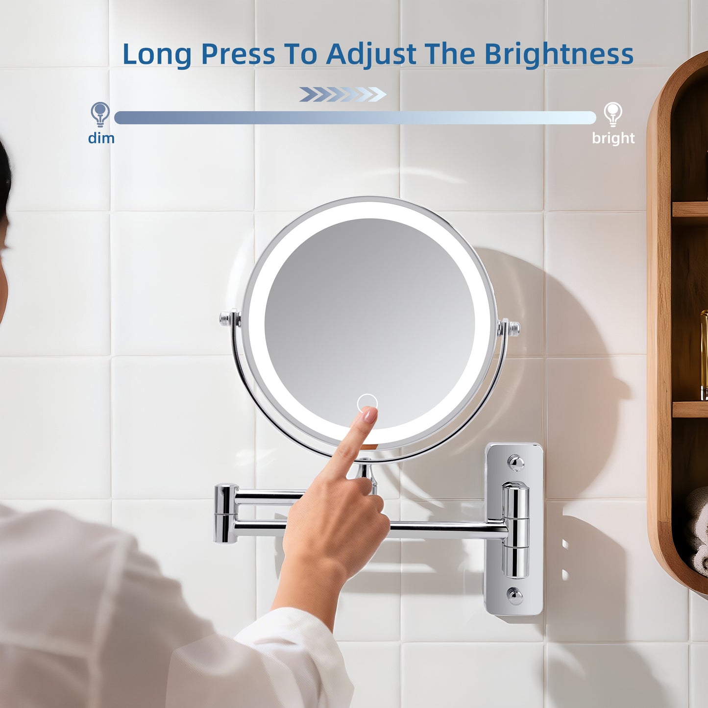 Wall Mounted Lighted Makeup Mirror,1000mAh Rechargeable Double Sided 1X 10X Magnifying Mirror With Light,3 Color Lights,Touch Dimmable,Extended Arm 360 Rotation Wall Mounted Makeup Mirror
