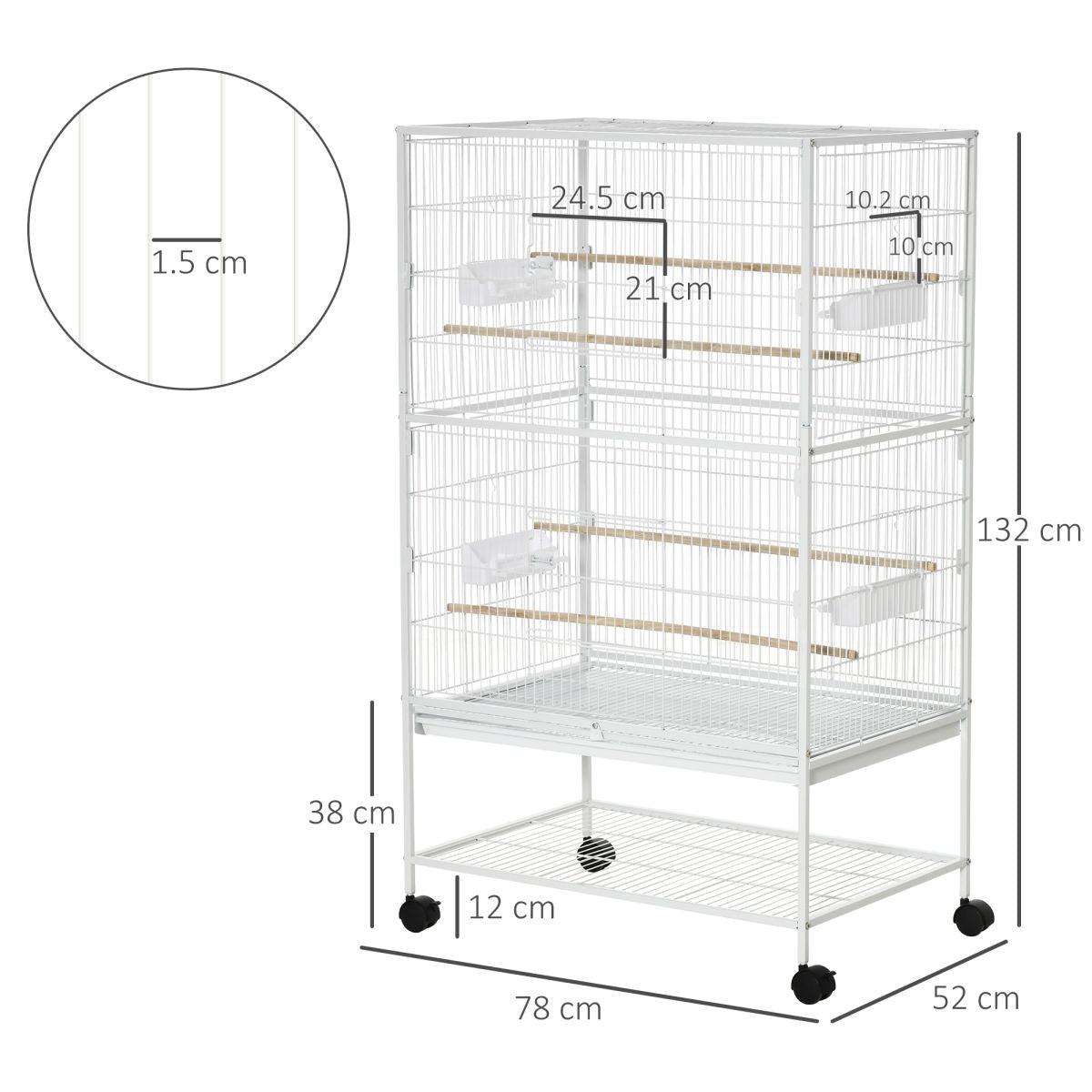 PawHut Large Bird Cage Budgie Cage For Finch Canaries Parakeet With Rolling Stand, Slide-out Tray, Storage Shelf, Food Containers, White