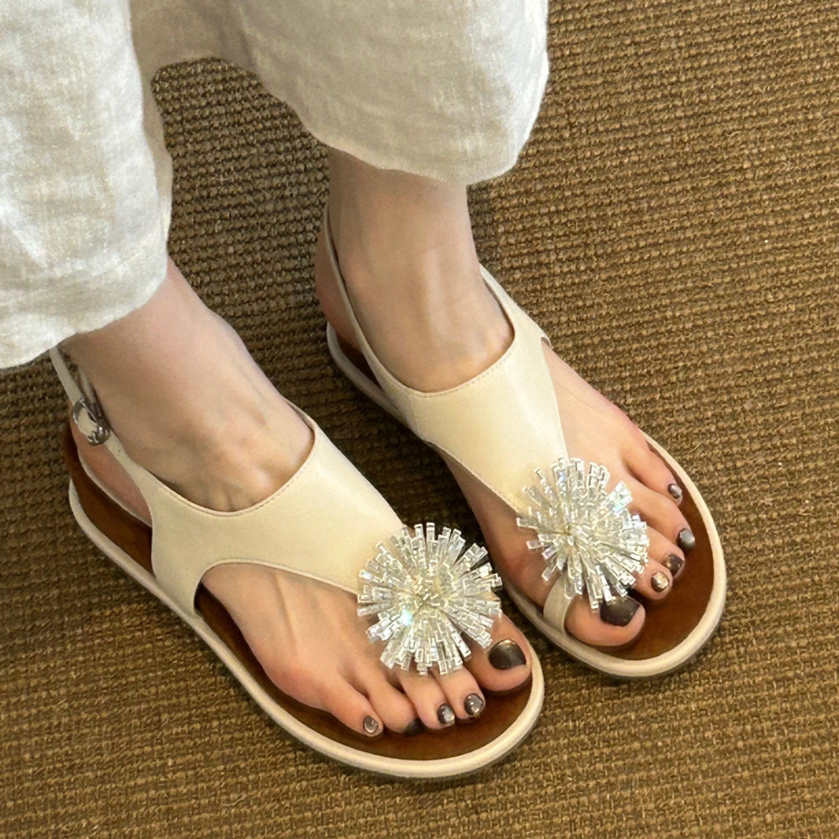 Women's Fairy Style Rhinestone Decor Toe Post Flip Flops, 2026 New Summer Flat Vacation Beach Slides For Outdoor Wear