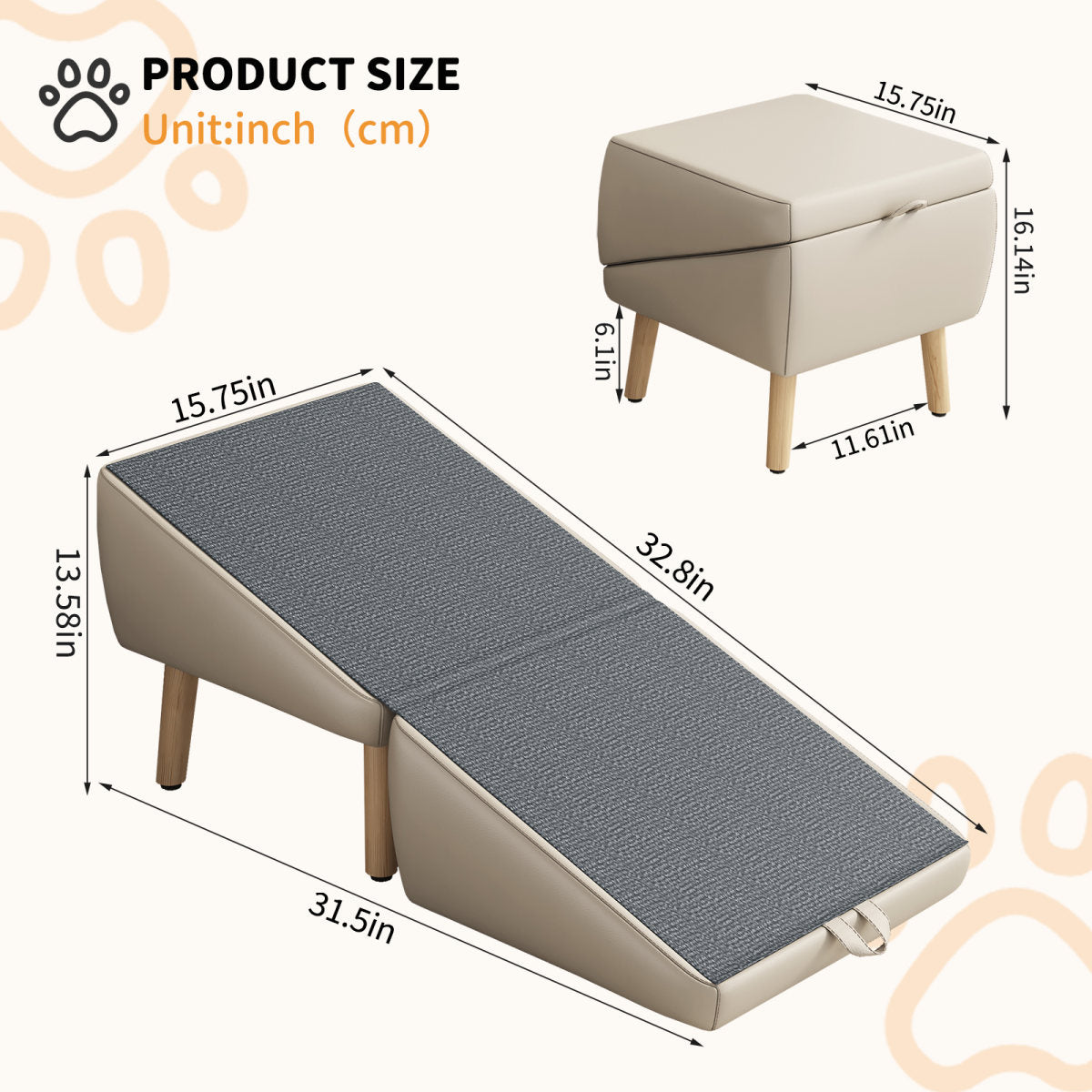 (UPGRADED) Dog Stairs for Small Dogs and Cats, Dog Ramp for Couch and Bed, Foldable 2-in-1 Wooden Pet Steps for Puppy, Split Ottoman Design (Light Grey)