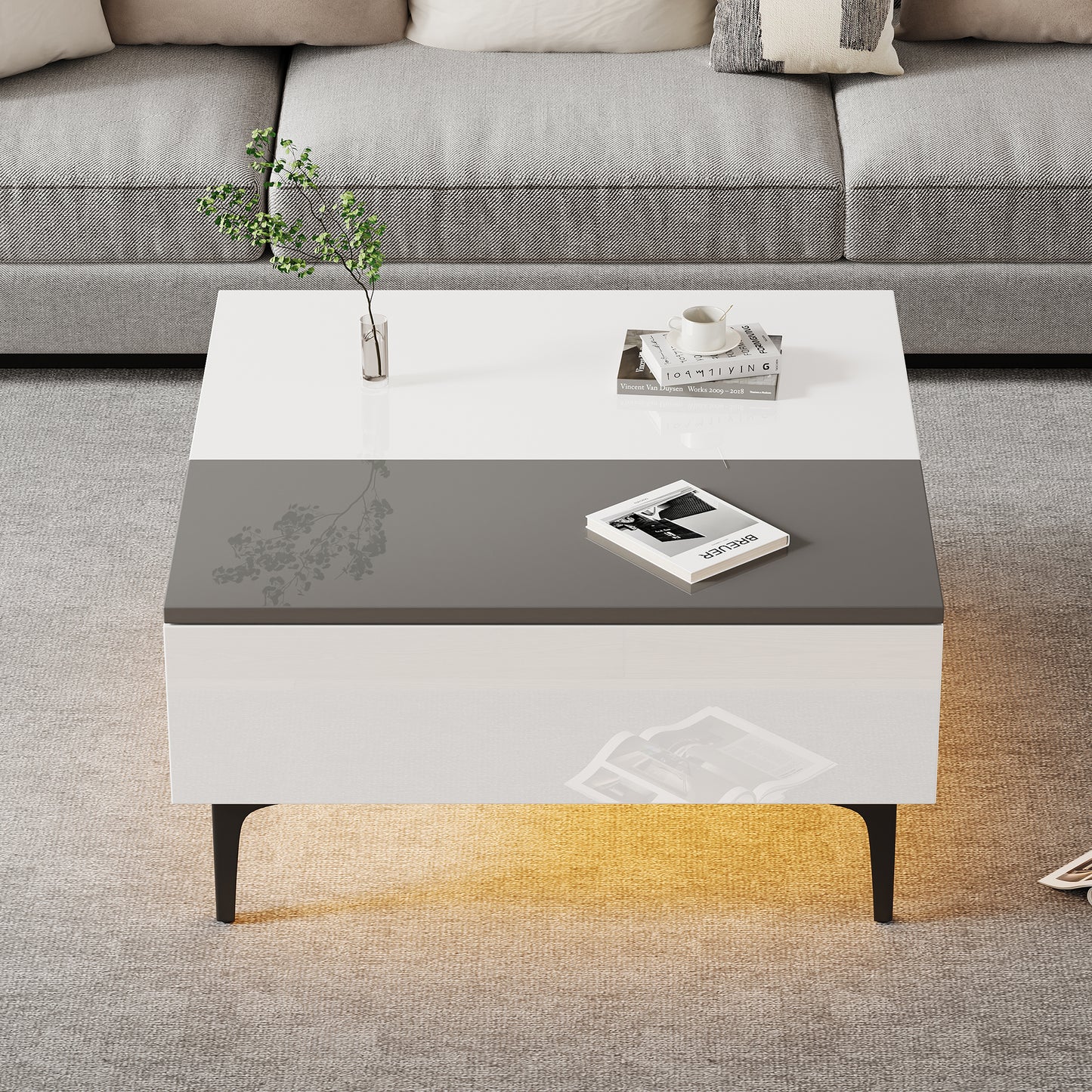 70x70x35cm Coffee Table, Height Adjustable Coffee Table With Hidden Storage And Shelves, White High Gloss Living Room Table, Desk With LED, Sofa Table With Drawers