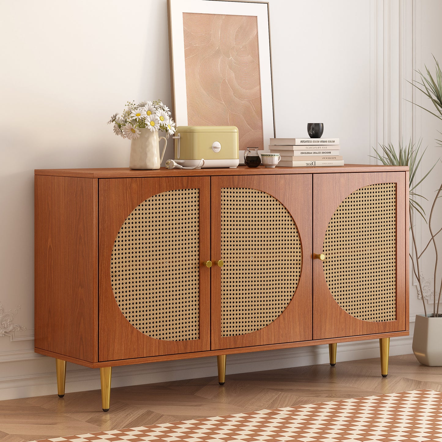 Sideboard With 3 Rattan Decorated Doors Chest Of Drawers Highboard With Metal Handles, For Bedroom & Living Rooms & Office, Walnut 129.8x 40x 76cm
