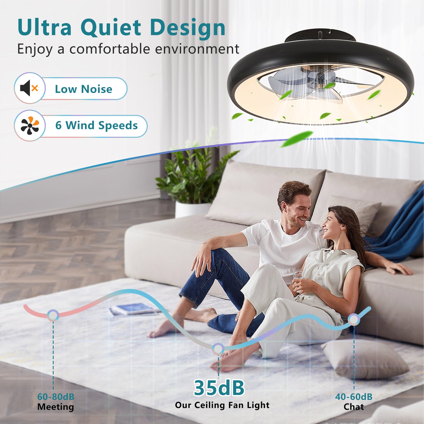 20  Black LED Ceiling Fan Light  Dimmable  Adjustable Color Temperature, APP  Remote Control, Modern Smart Ceiling Fan For Living Room, Bedroom, And Dining Room  Silent 6-Speed Reversible DC Motor