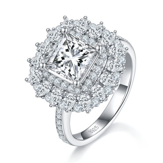 S925 Sterling Silver 2ct Princess Cut Moissanite Ring, D-VVS1 Double Halo Cluster, Platinum Plated 5.8g US Sizes 5-9, GRA Certificate Gift Box