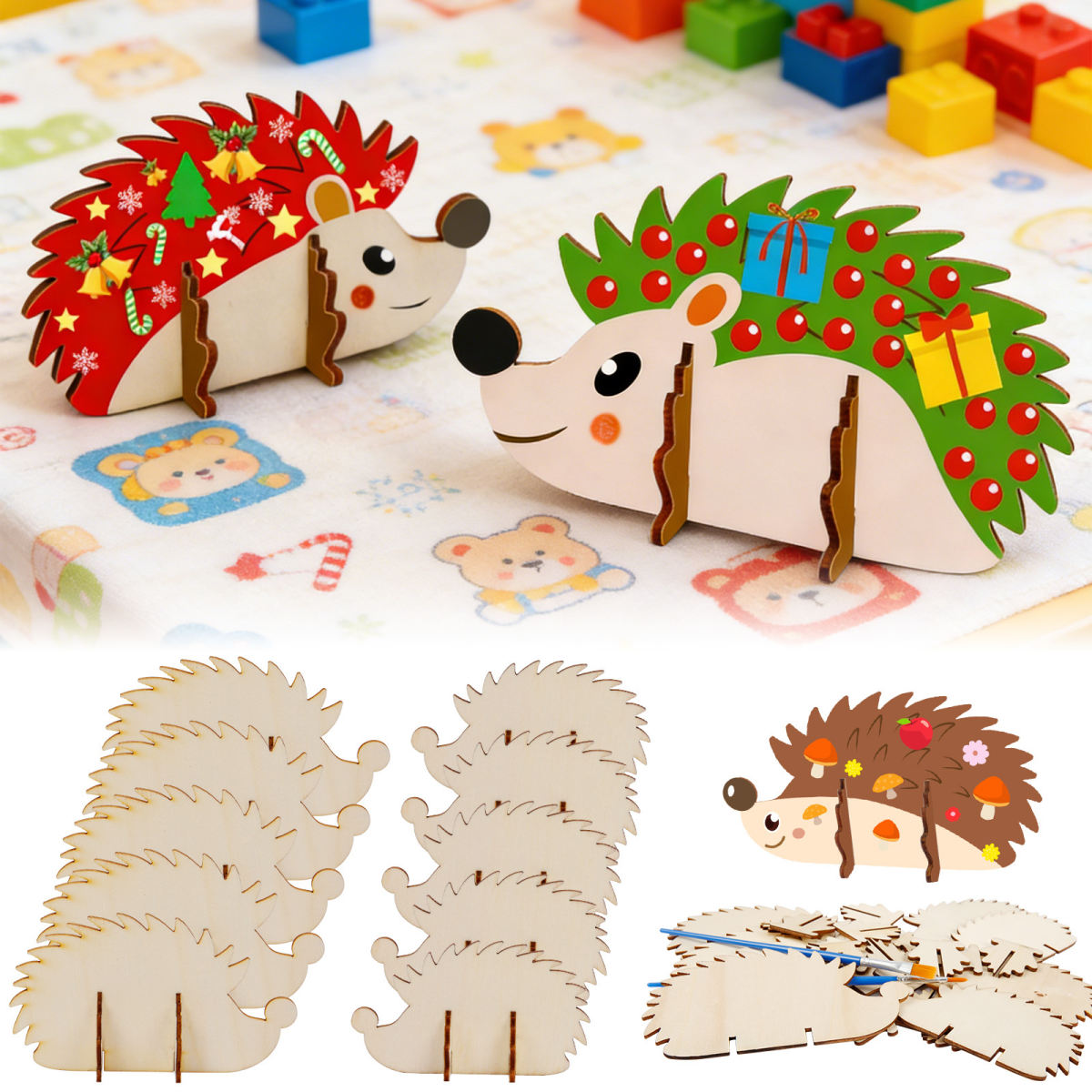 Wooden Hedgehog Craft Kit With 2 Brushes & 10 Accessories - Fall-Themed Craft Set