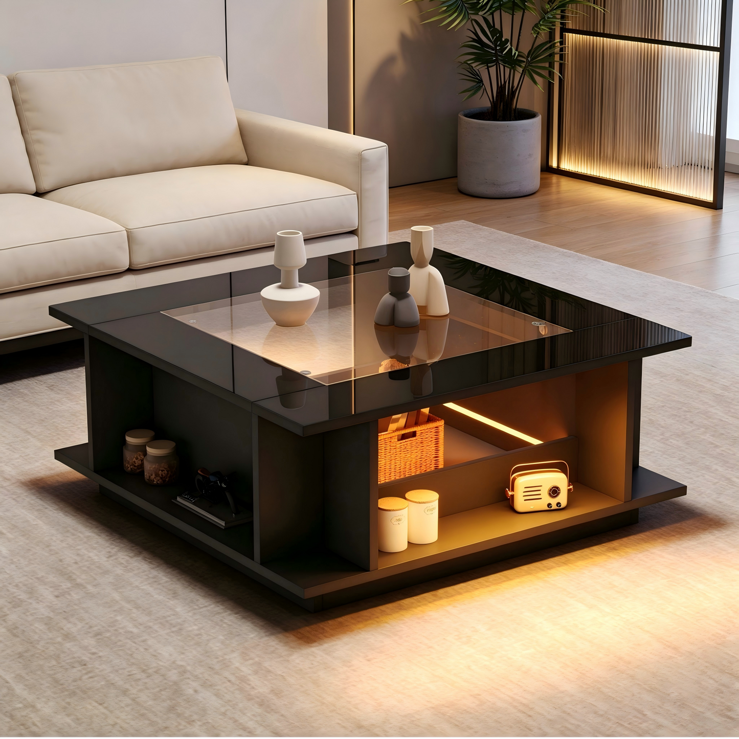 Coffee Table 70x70x30 Cm, Square Coffee Table In Black With Glass Top, High-gloss Surface & LED Lighting, Side Table, Coffee Table, Living Room Table Made Of Chipboard, Loadable Up To 30 Kg