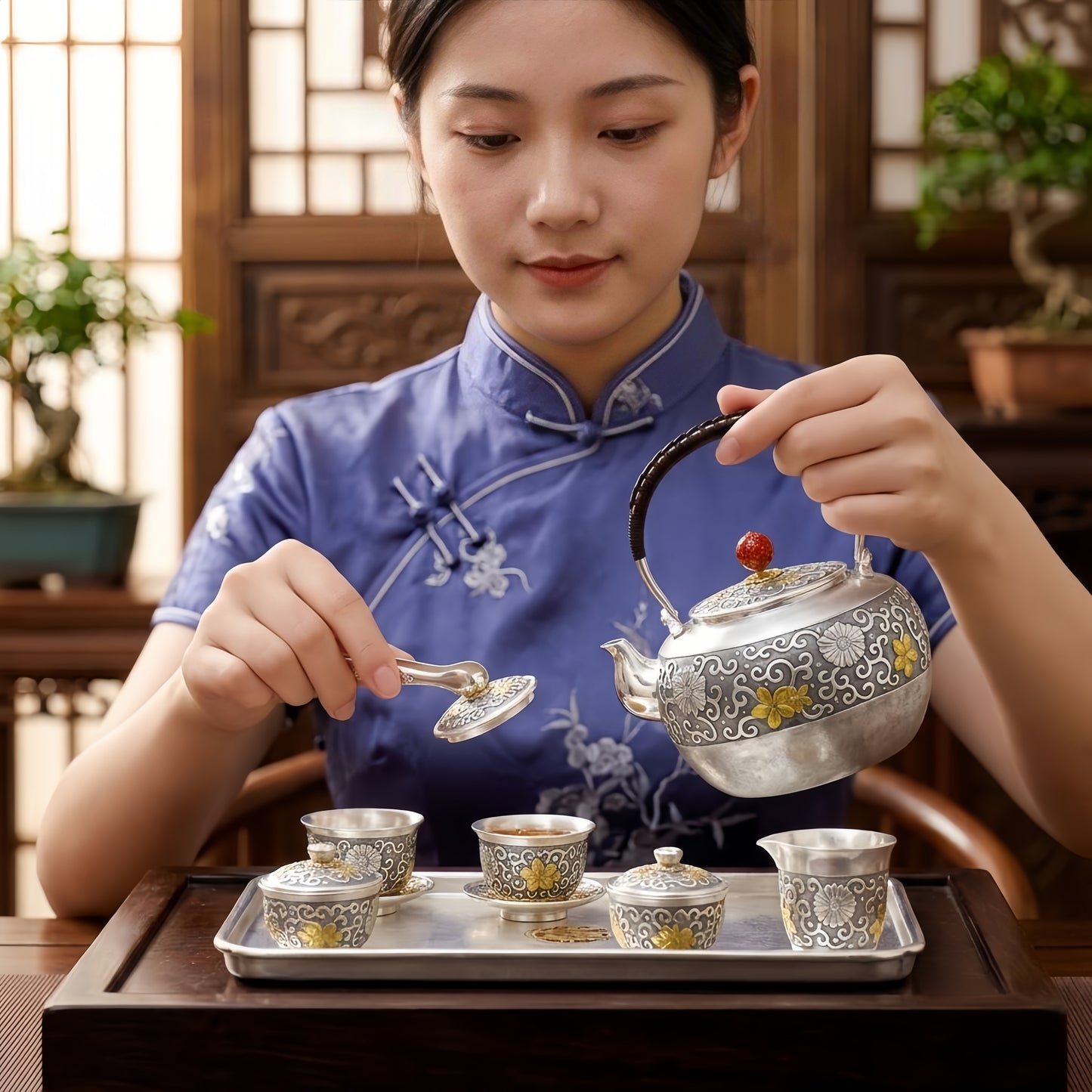 925 Sterling Silver Handcrafted Silver Tea Kettle with Ornate Floral Carvings and Red Marble Accents - Handicraft
