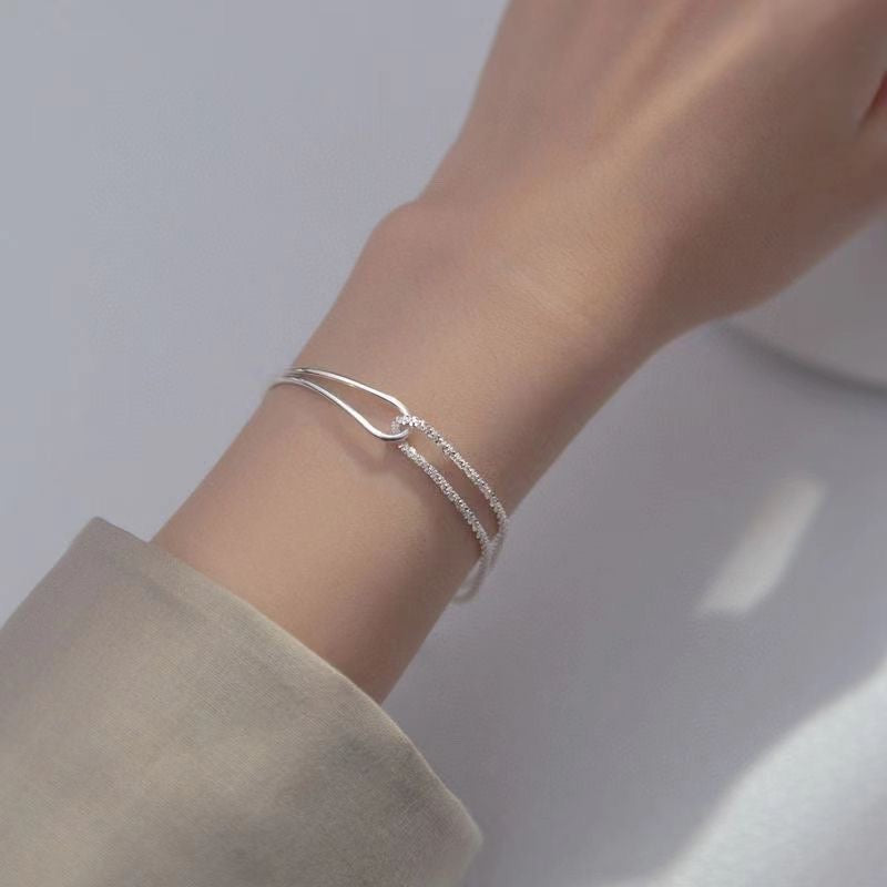 1pcs 999 Sterling Silver Double-Layer Bangle & Tennis Chain Bracelet, Delicate Luxury Style, Ideal For Birthday Gifts