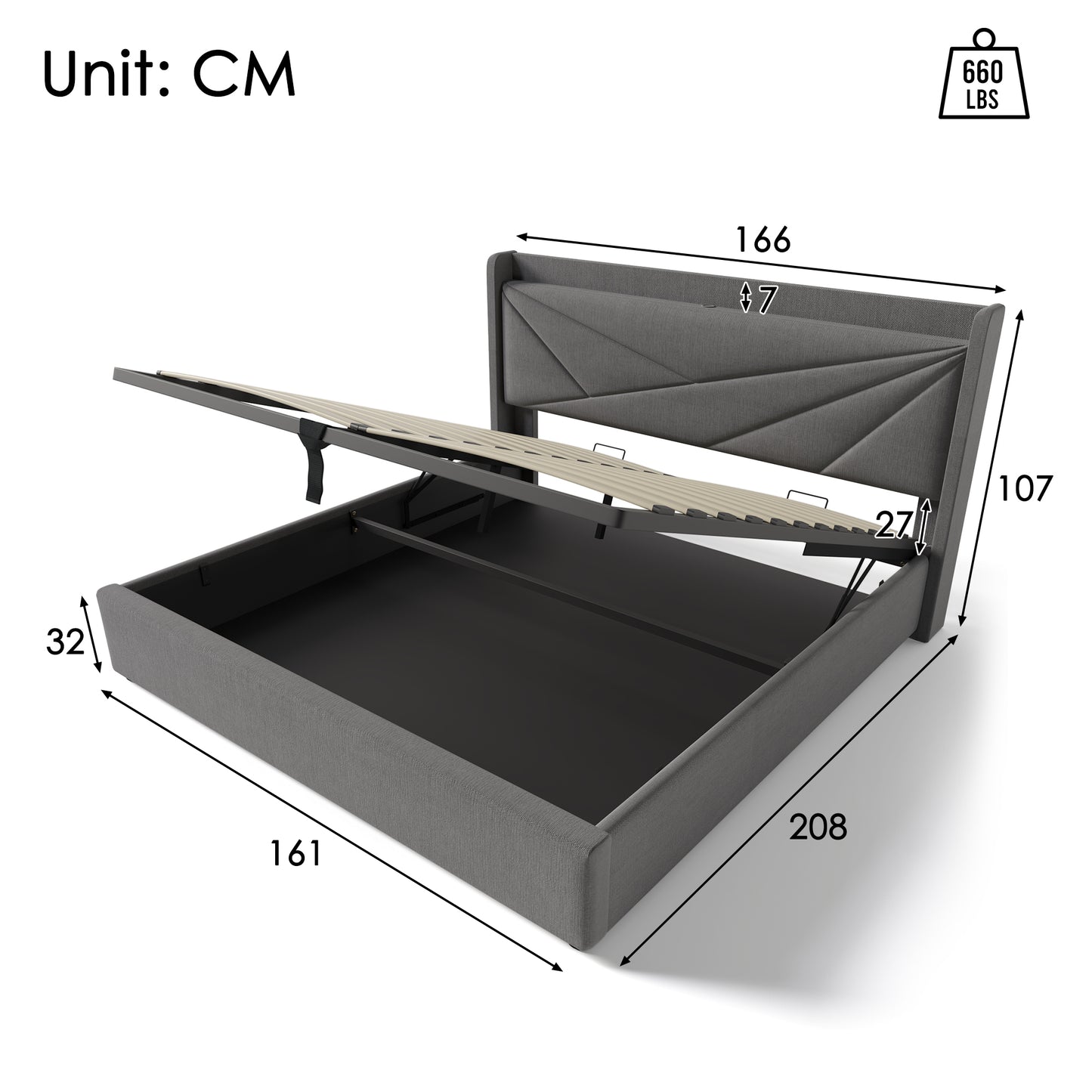 Upholstered Bed Double Bed Storage Bed Box With USB Type C Charging Function Headboard,Storage Beds Bed Frame Made Of Linen Material Youth Bed Bed 160x200 With Slatted Base  Without Mattress
