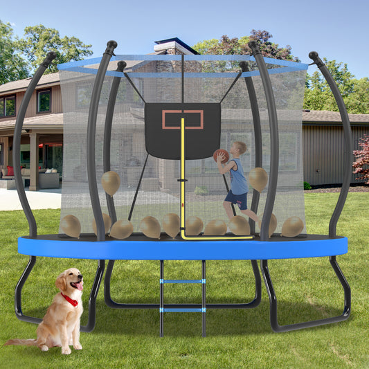 10FT Trampoline With Basketball Hoop, Enclosure Net And Ladder, Outdoor Trampoline For Kids, Recreational Backyard Trampoline