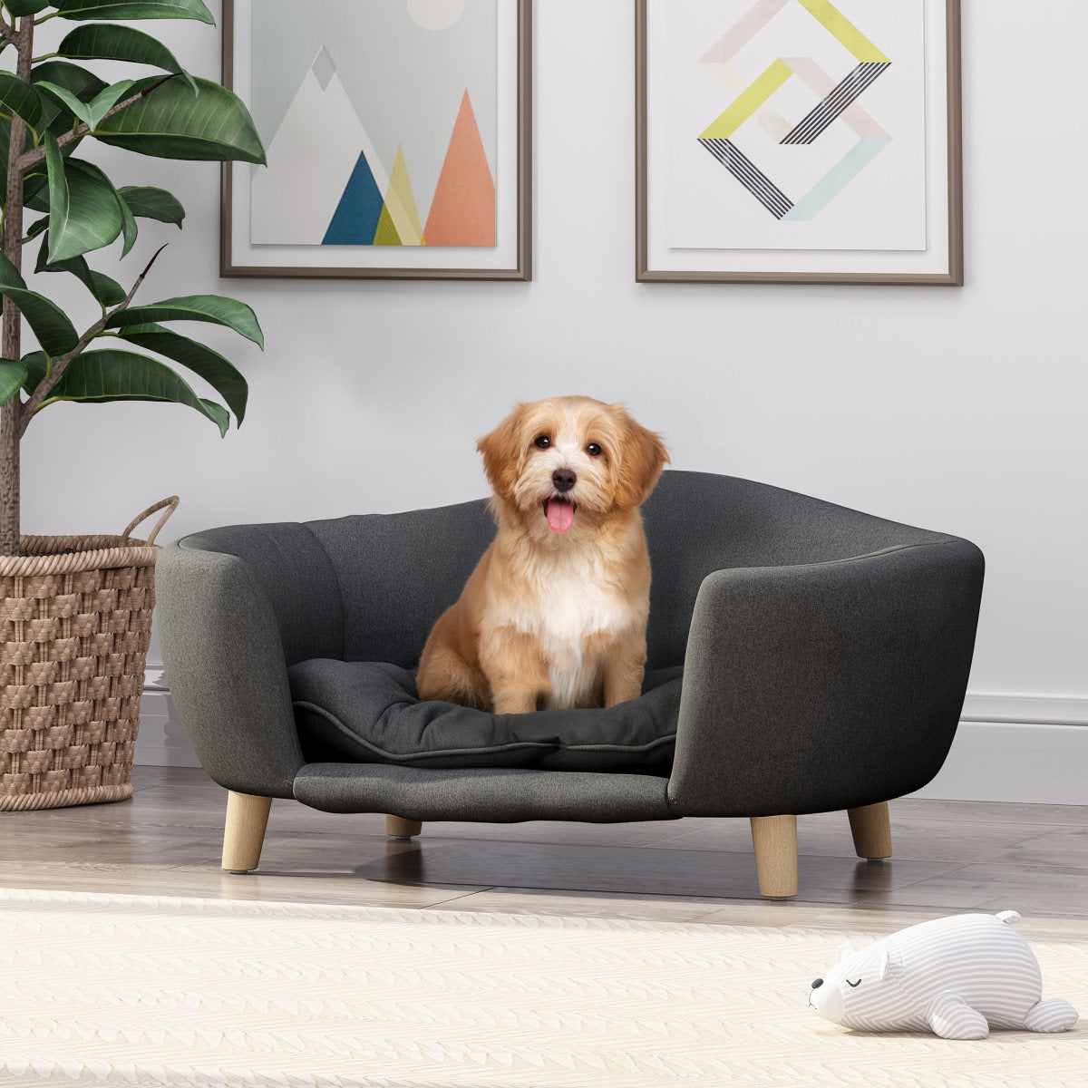 Elevated Dog Bed Frame for Small Dog, Fabric Pet Couch Bed with Rubber Wood Legs and Supportive Foam, Dark Gray, Easy Assembly