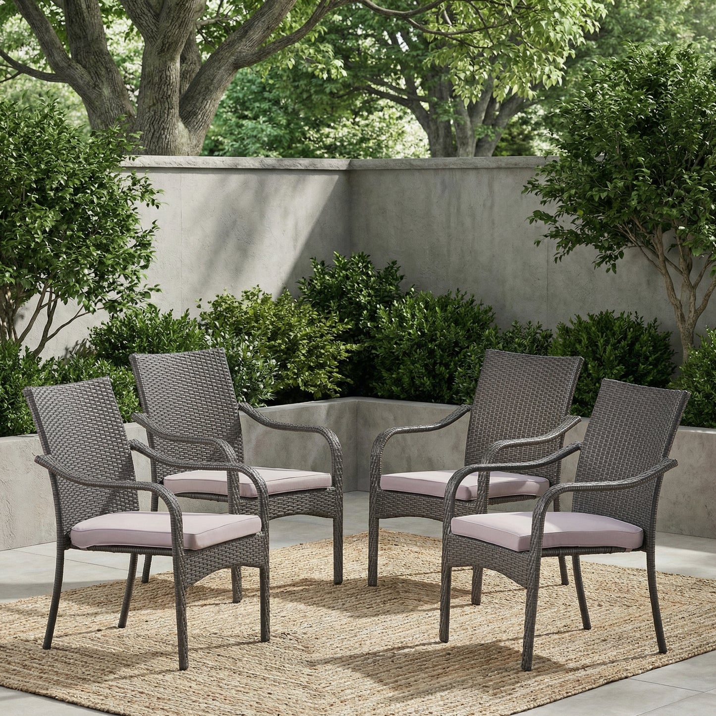 Outdoor PE Rattan Stacking Chair With Iron Frame And Cushions Set Of 4 , Grey Wicker