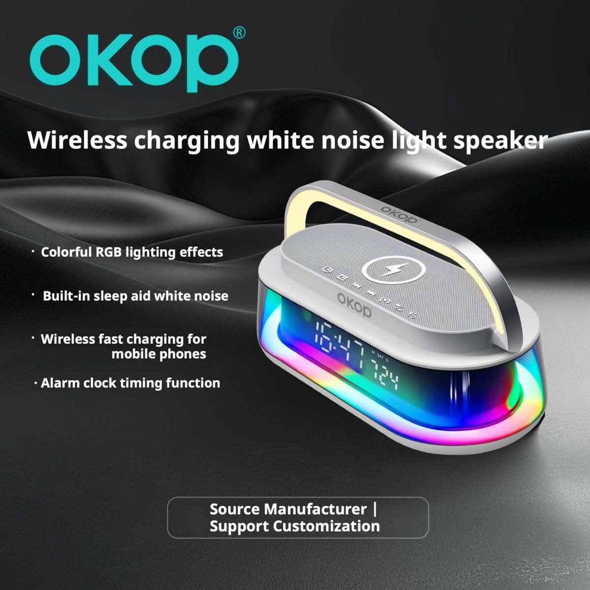 KP-575 Bluetooth Speaker15W Wireless Charging Desktop Clock Alarm RGB Ambient Light White Noise Mini Speaker