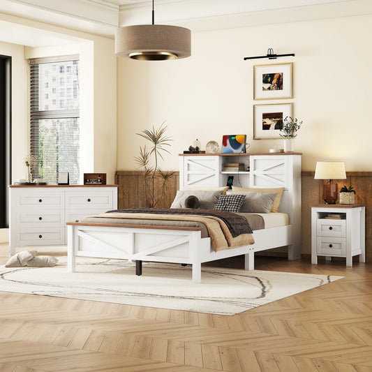 3-Pieces Bedroom Sets Full Size Farmhouse Platform Bed With Double Sliding Door Storage Headboard And Charging Station, Storage Nightstand And Dresser, White Brown Old SKU HL000091AAK