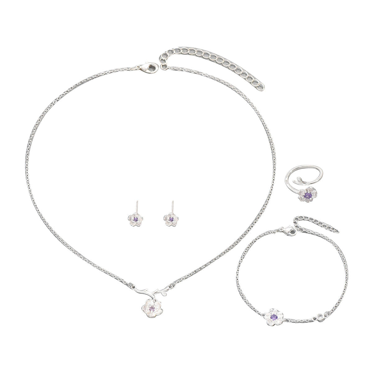 Ins Gentle Japanese Korean Style Women Jewelry Set, Cubic Zirconia Inlaid Cherry Blossom Design Long Necklace Ring Earrings Matching Accessories