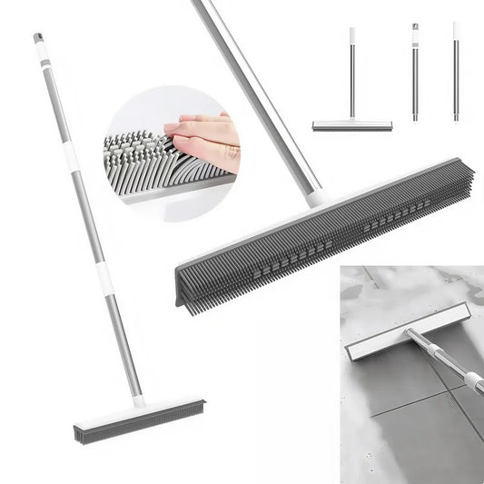 2-in-1 Rubber Broom & Scraper Brush, Silicone Pet Hair Remover for Carpet and Hardwood Floors, Long Handle Sweeper for Tile and Windows