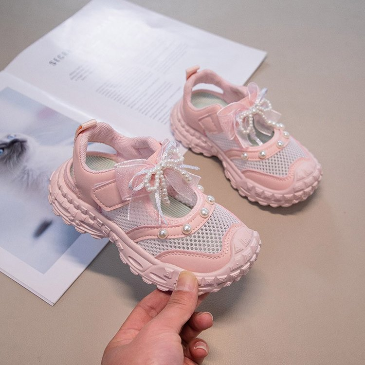 2026 New Summer Girls Hollow Single Mesh Sports Sandals, Fashion Versatile Dad Sneakers With Pearl Bow Decor Breathable Mesh Casual Shoes