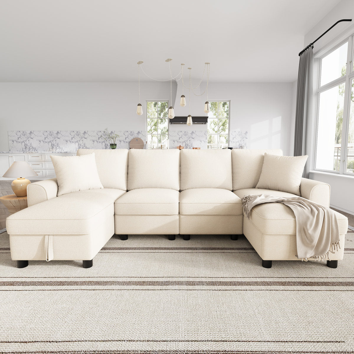 Modern Luxury Chenille U-Shaped Sectional Sofa With 2 Storage Chaise Lounges, 2 Square Cushions, Comfy Couch For Living Room, Beige, 280 X 137 X 84 Cm