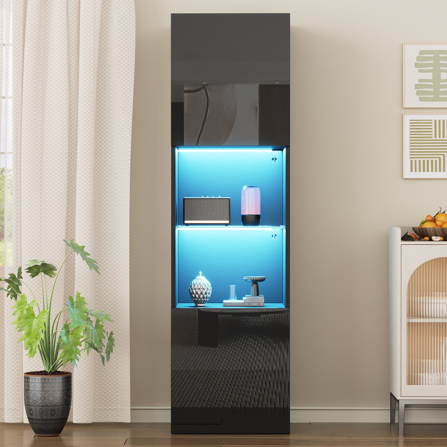 High-gloss Black Display Cabinet With LED Lighting, 1 Glass Shelf,Display Cabinet, Freestanding Display Cabinet, Tall Cabinet, Storage Cabinet