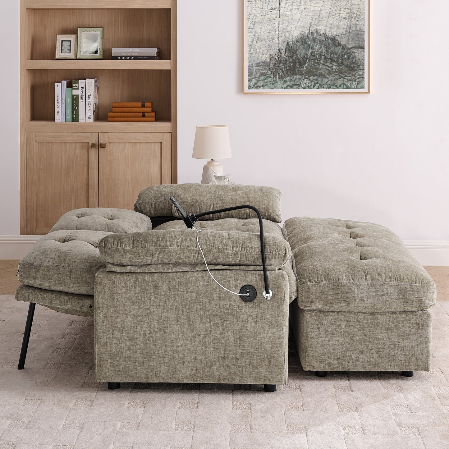 Leisure Sofa Chair,Double Sofa Recliner, With Manually Adjustable Backrest, Soft Padded Armrests, Side USB Charging Port And Phone Stand, Comes With A Matching Storage Ottoman-Brown