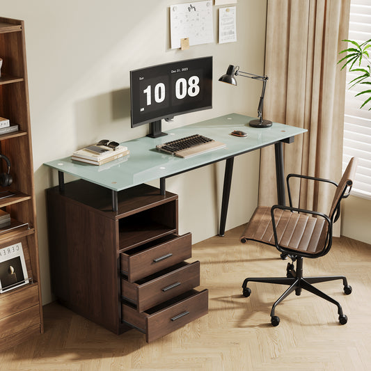 130x50x75cm Modern Desk With Glass Top, Tubular Steel Frame, Three Drawers And Open Storage Compartment, Tempered Frosted Glass, Black Handles, Brown