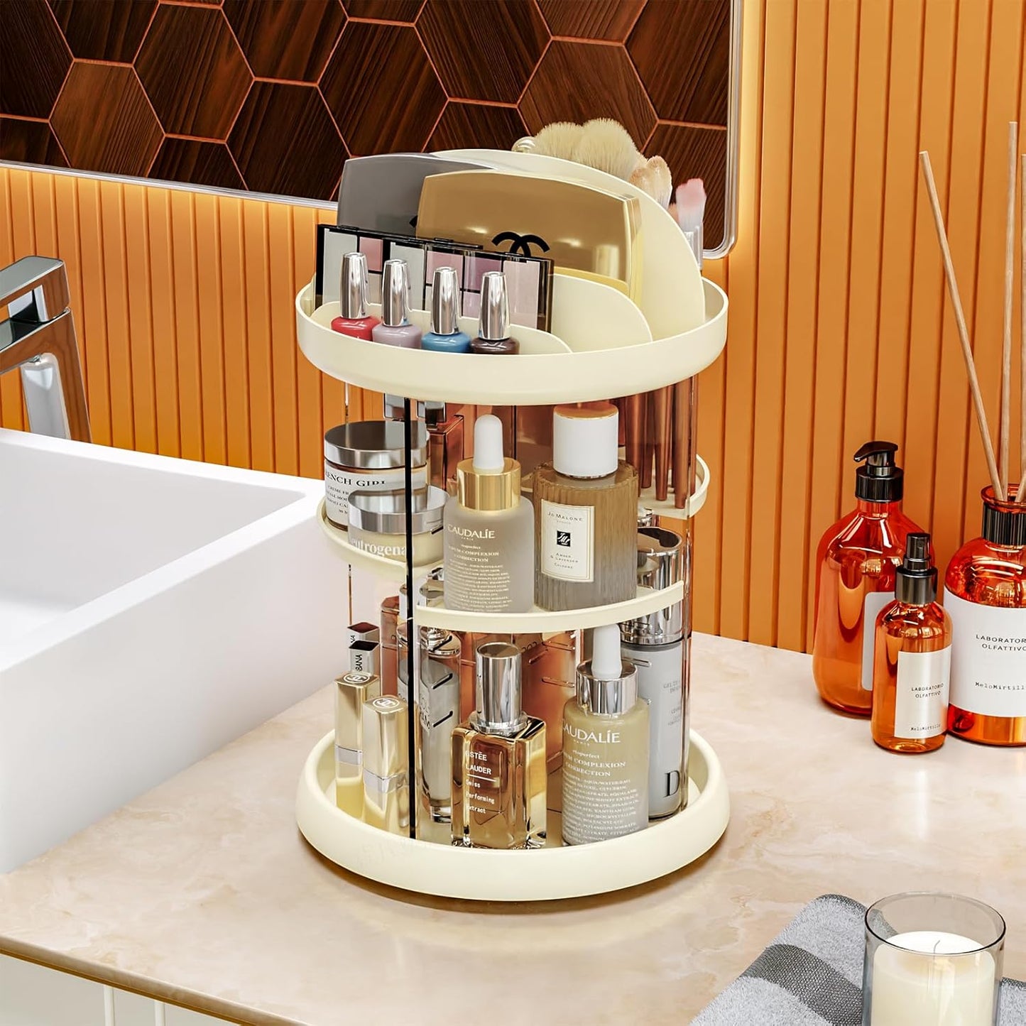 360 Rotating Makeup Organizer For Vanity Storage Adjustable Spinning Beauty And Skincare Organizer,Clear Acrylic Carousel Cosmetic Display Cases,Bathroom Counter Lazy Susan Skin Care Holder