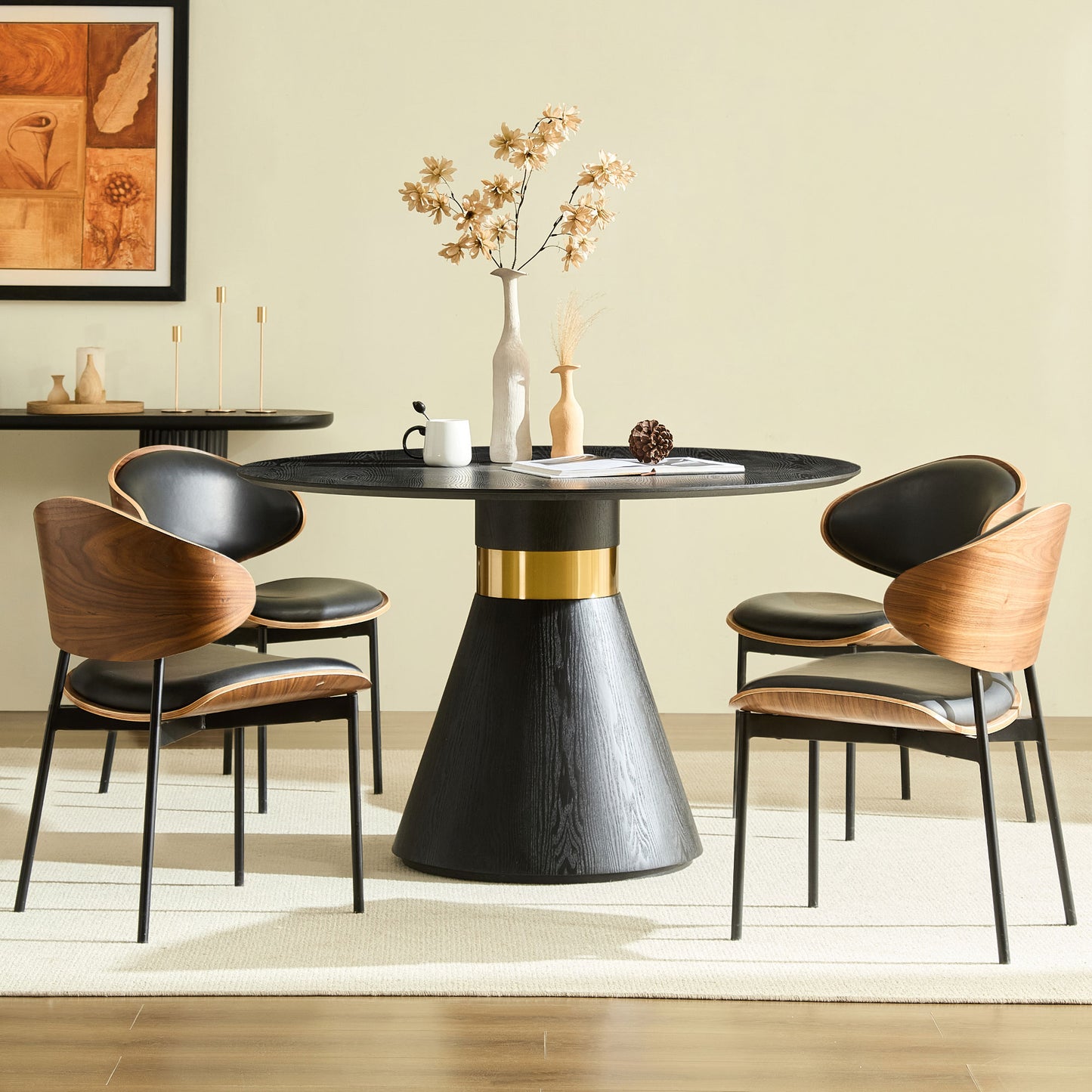 47.24   Round Dining Table Modern Kitchen Table Black Pedestal Base With Gold Trim Ring, Stylish Glam Dining Room Furniture