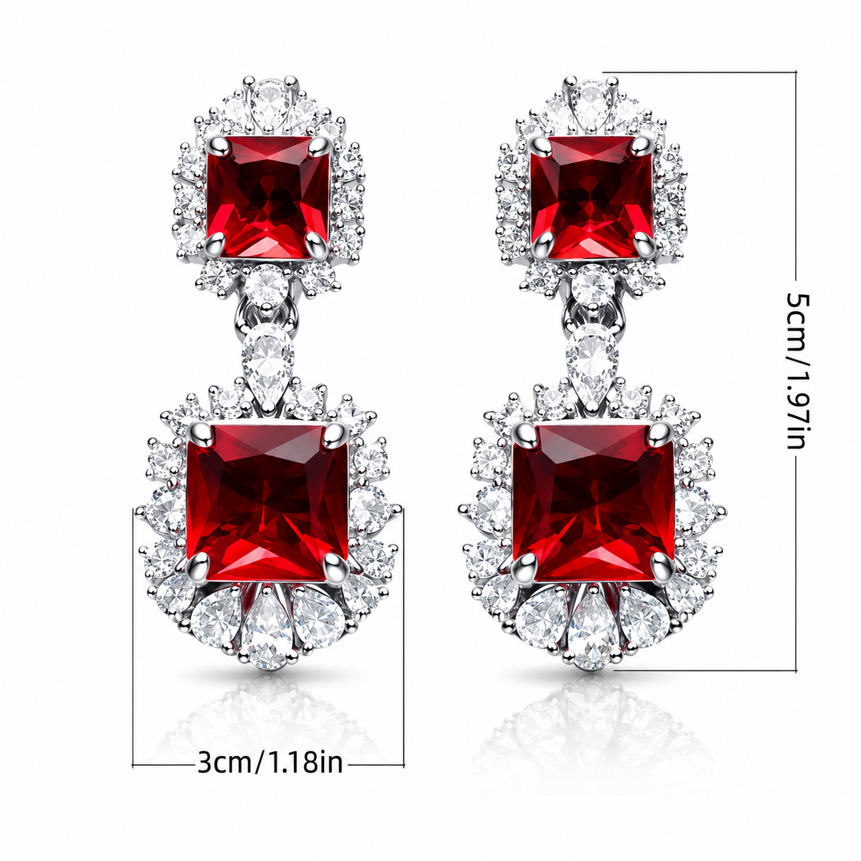 Two-Tier Princess Cut Red CZ Double Halo Dangle Drop Earrings For Women, Copper Silver Plated White Crystal Vintage Wedding Banquet Statement Jewelry Gift